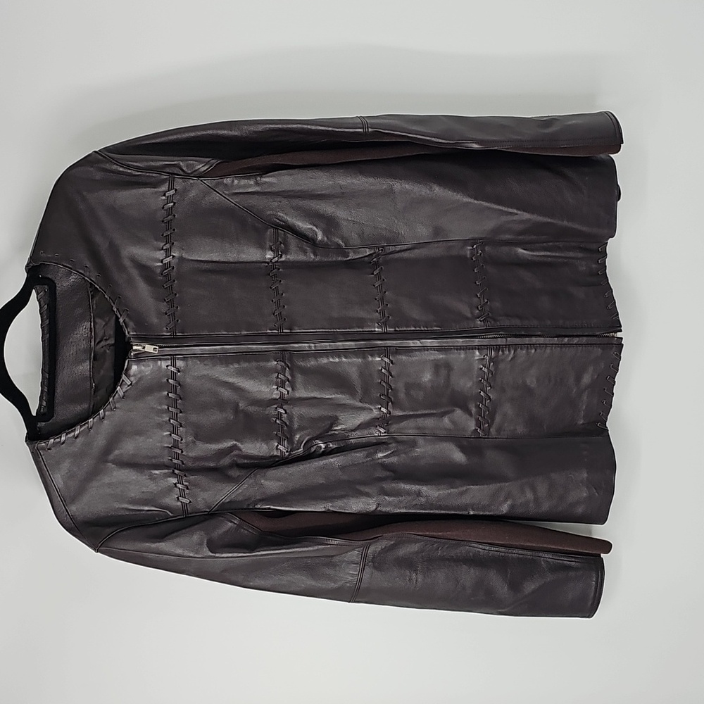 Rich Brown Front Leather Back Sweater Jacket wStitch Design Cozy Office Polished - Picture 12 of 12